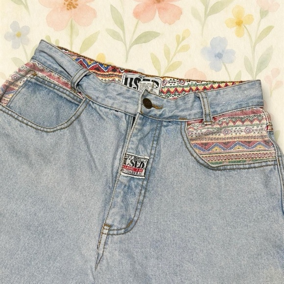 Vintage 90s Used by Elie Jeans Size 28 High Waist Mom Jeans Aztec Patch Denim - Picture 2 of 7